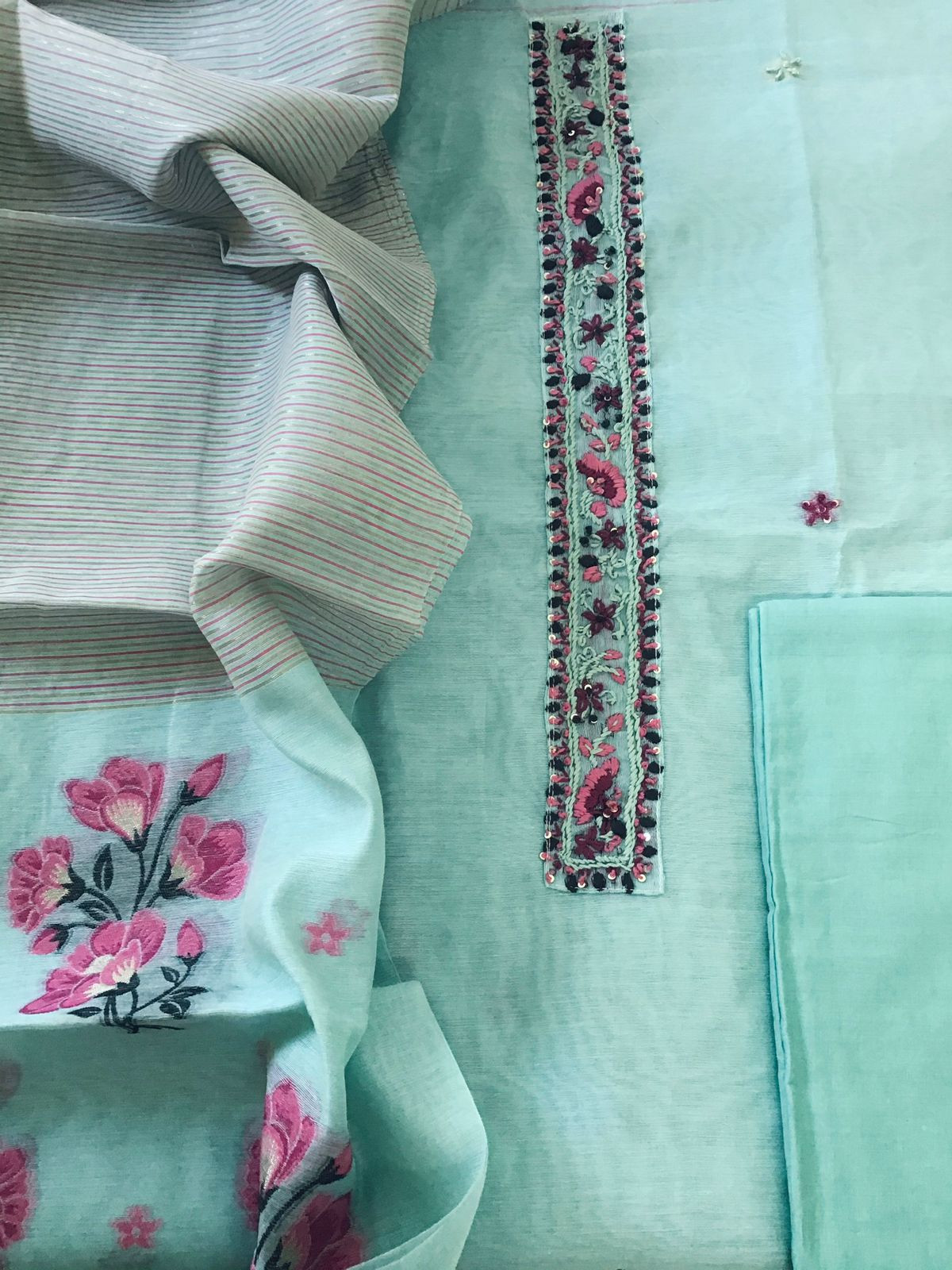 Soft Slub Chanderi Jamdani Weaved Embroidered Suit - Blue