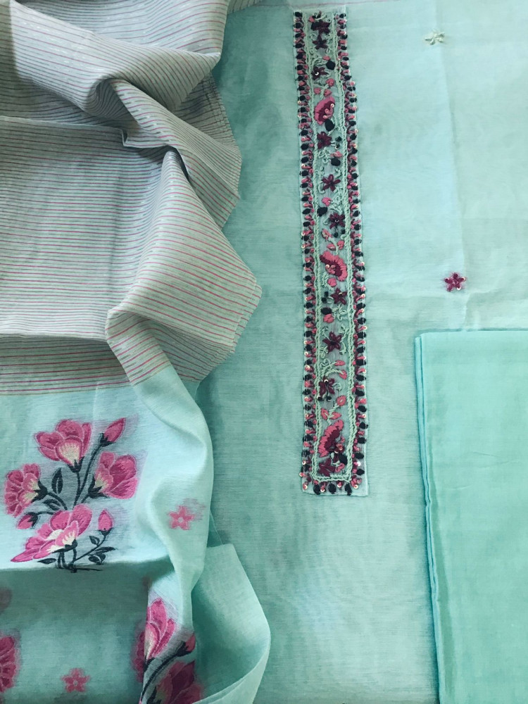 Image of Soft Slub Chanderi Jamdani Weaved Embroidered Suit - Blue
