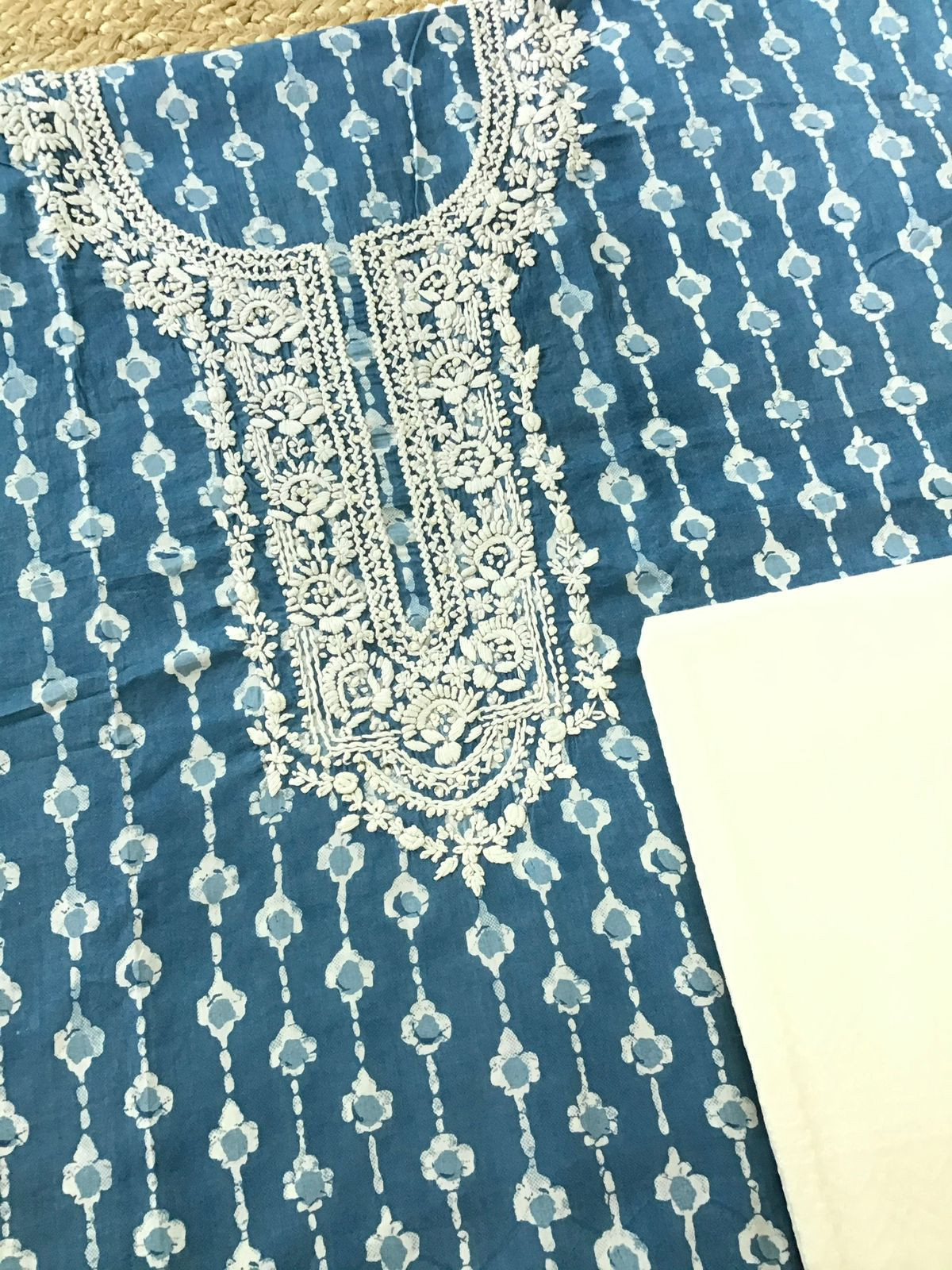 Pure Mul Cotton Batik Printed Embroidered Suit - Blue