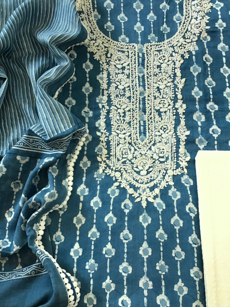 Image of Pure Mul Cotton Batik Printed Embroidered Suit - Blue