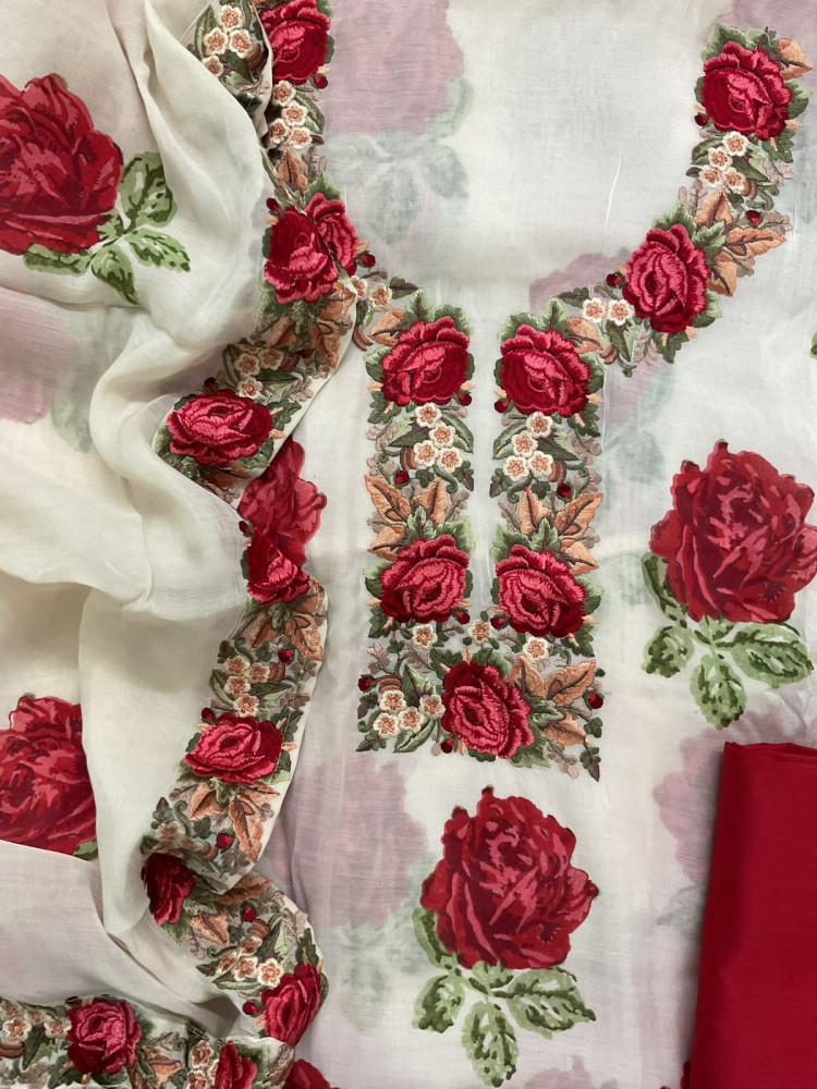 Image of Pure Mul Chanderi Printed Embroidered Suit - Off White