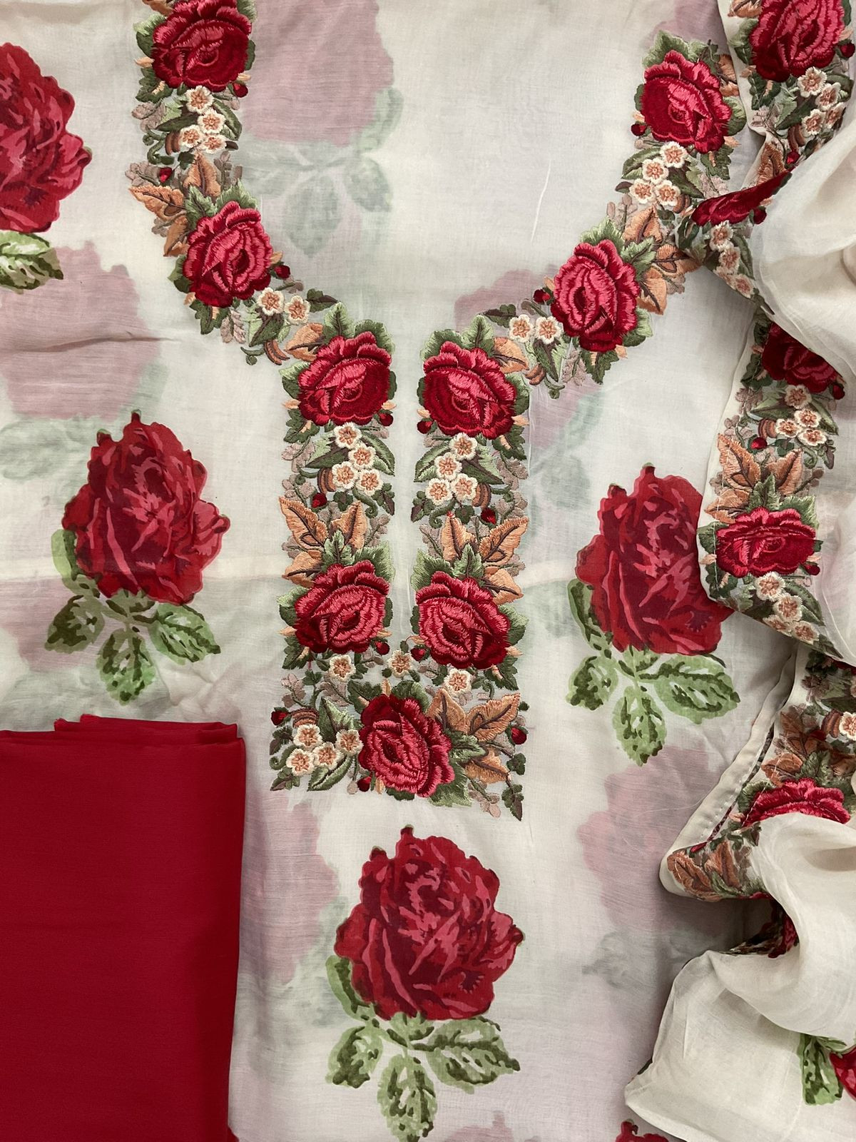Pure Mul Chanderi Printed Embroidered Suit - Off White