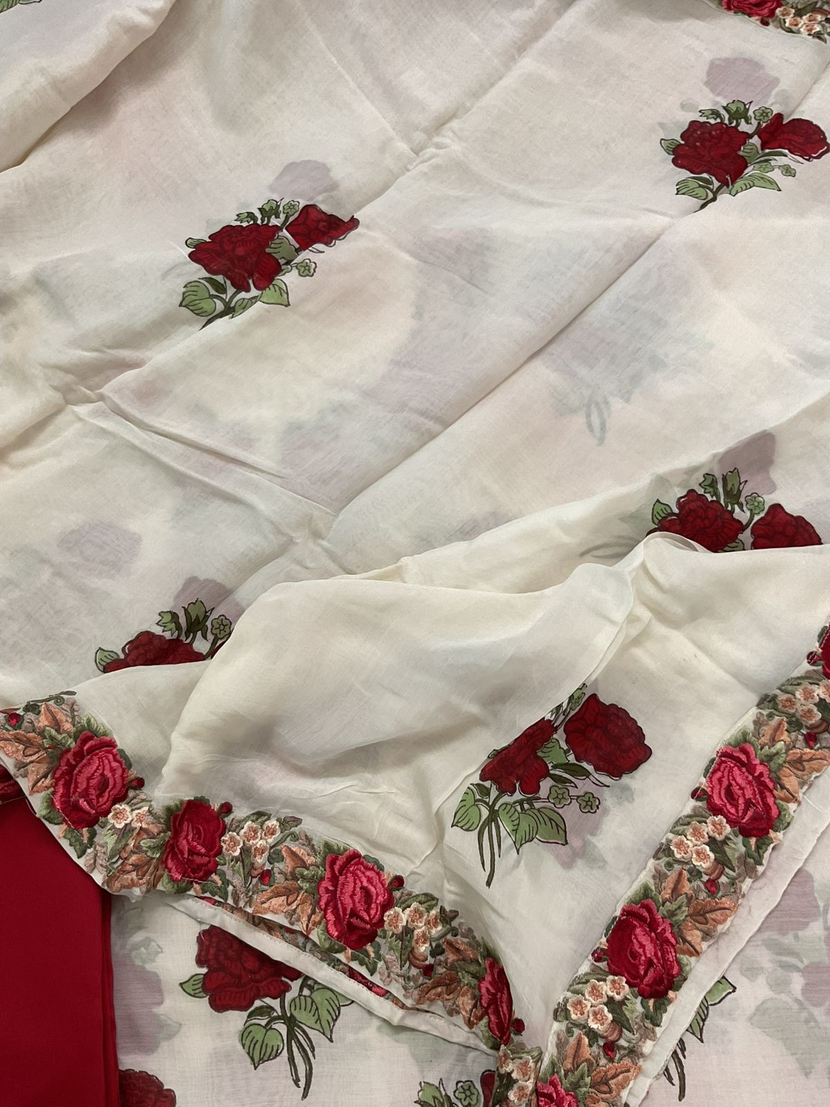 Pure Mul Chanderi Printed Embroidered Suit - Off White