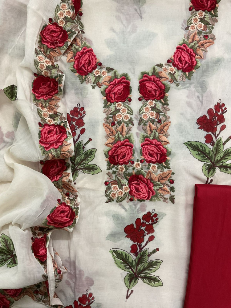 Image of Pure Mul Chanderi Printed Embroidered Suit - Off White