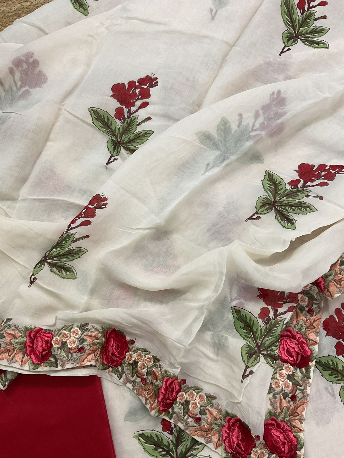 Pure Mul Chanderi Printed Embroidered Suit - Off White