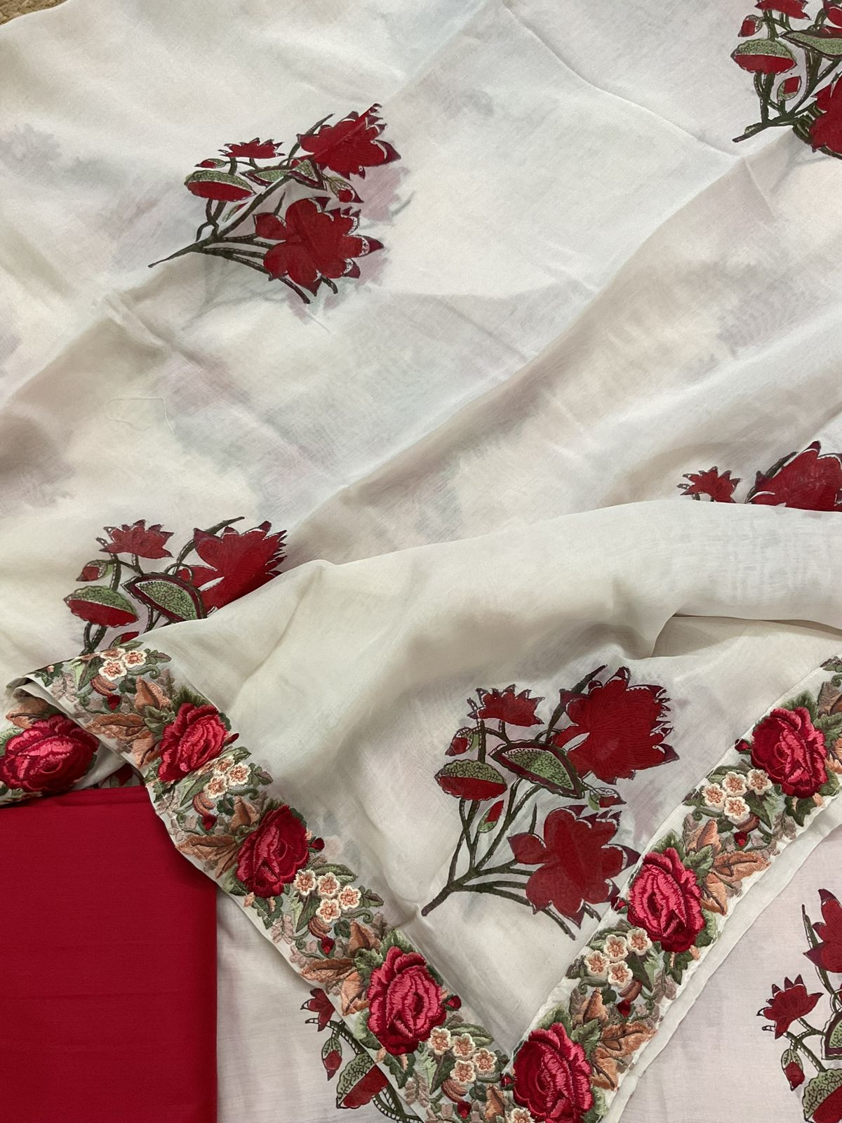 Pure Mul Chanderi Printed Embroidered Suit - Off White