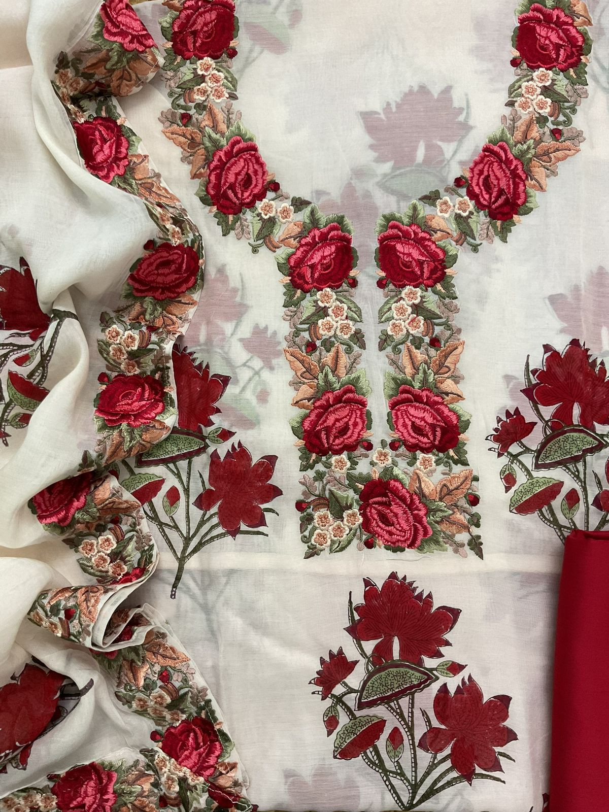 Pure Mul Chanderi Printed Embroidered Suit - Off White