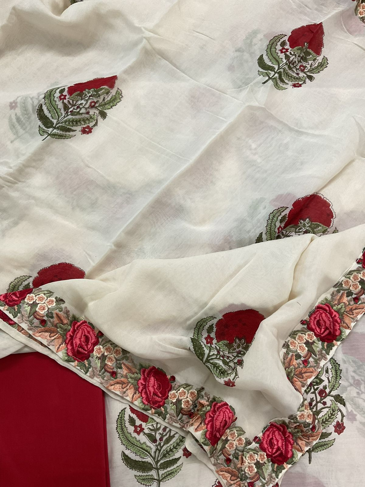 Pure Mul Chanderi Printed Embroidered Suit - Off White