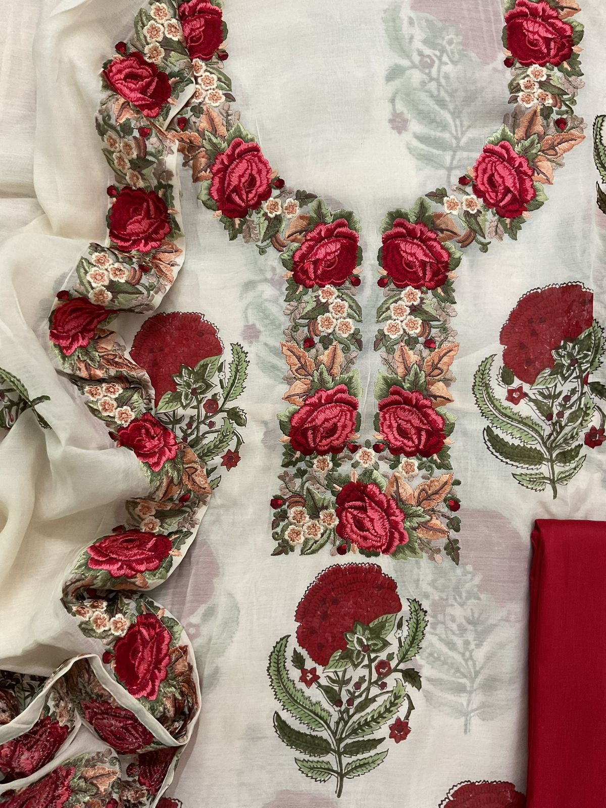Pure Mul Chanderi Printed Embroidered Suit - Off White