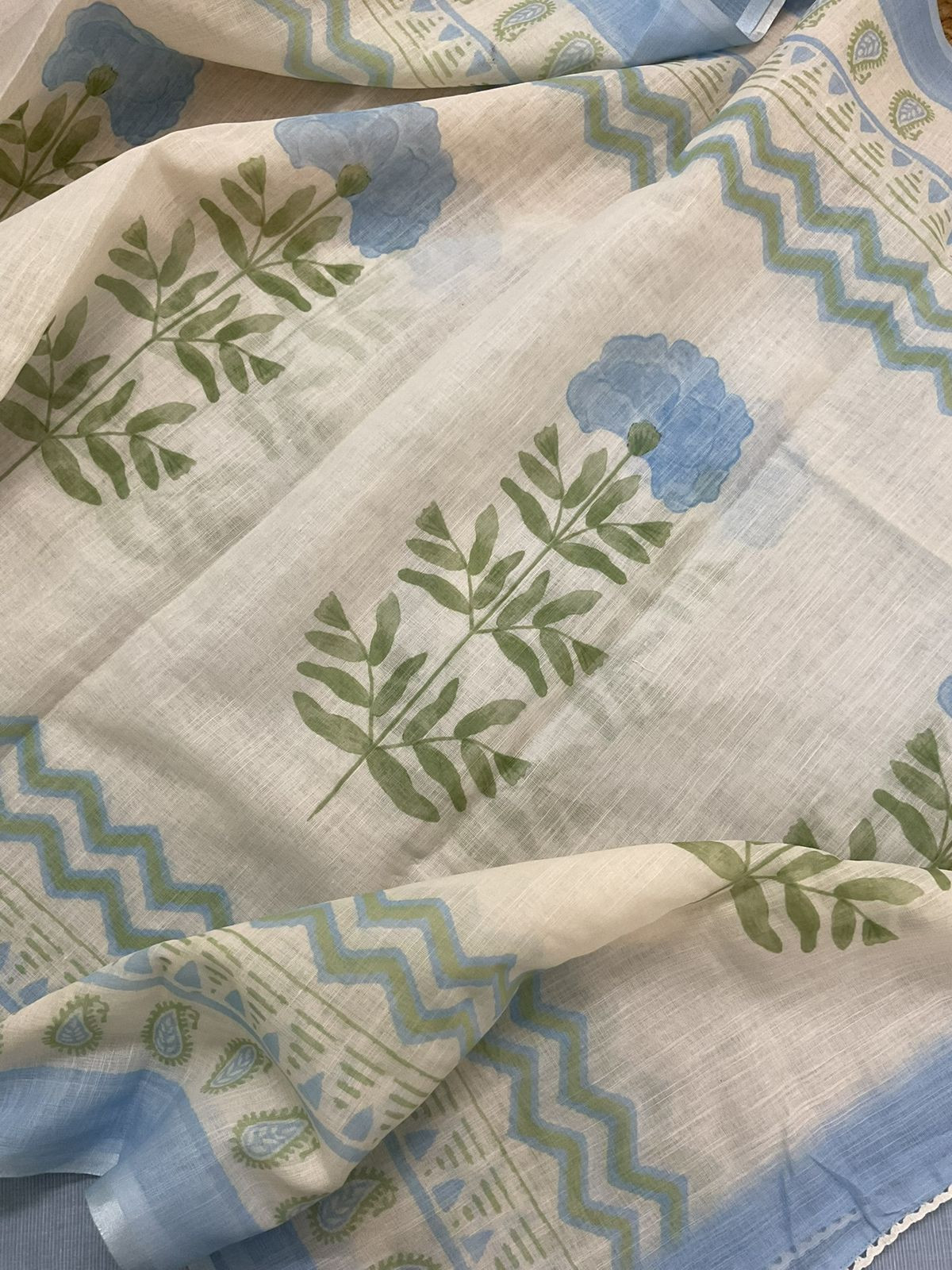 Pure Handloon Cotton Self Weaved Printed Embroidered Suit - Blue