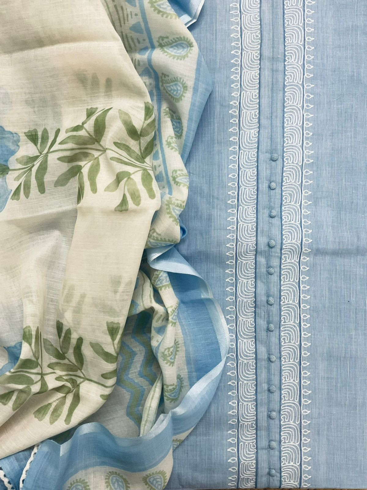 Pure Handloon Cotton Self Weaved Printed Embroidered Suit - Blue