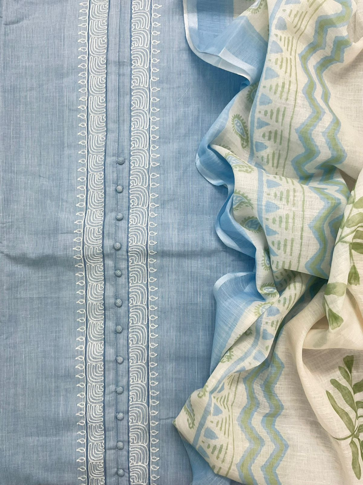 Pure Handloon Cotton Self Weaved Printed Embroidered Suit - Blue