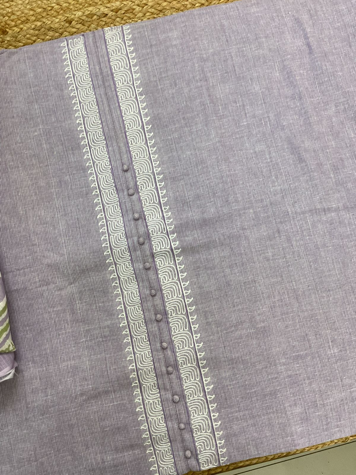 Pure Handloon Cotton Self Weaved Printed Embroidered Suit - Lavender