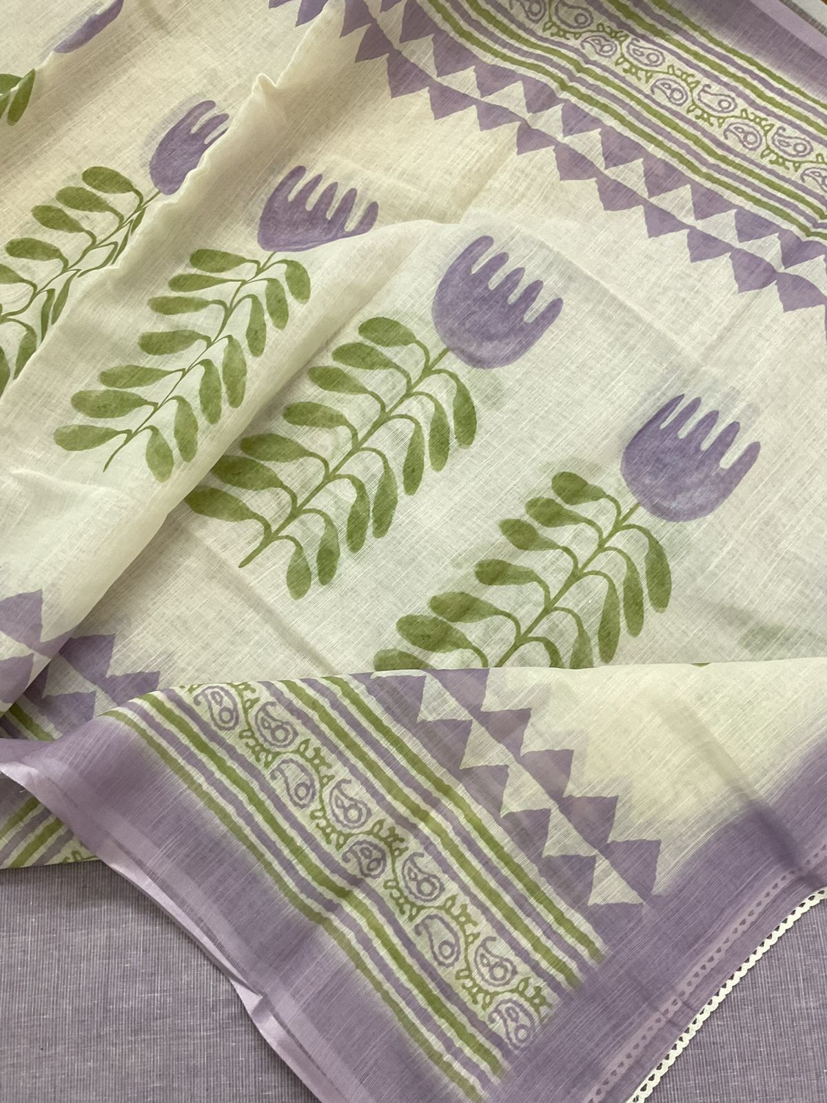 Pure Handloon Cotton Self Weaved Printed Embroidered Suit - Lavender