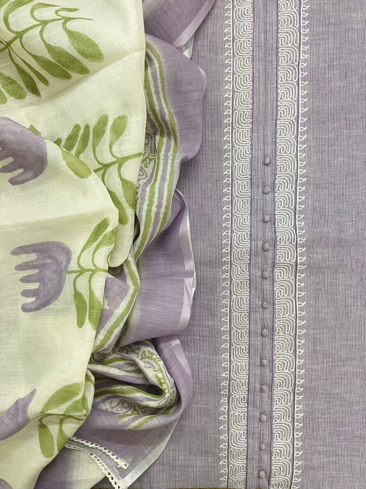 Pure Handloon Cotton Self Weaved Printed Embroidered Suit - Lavender