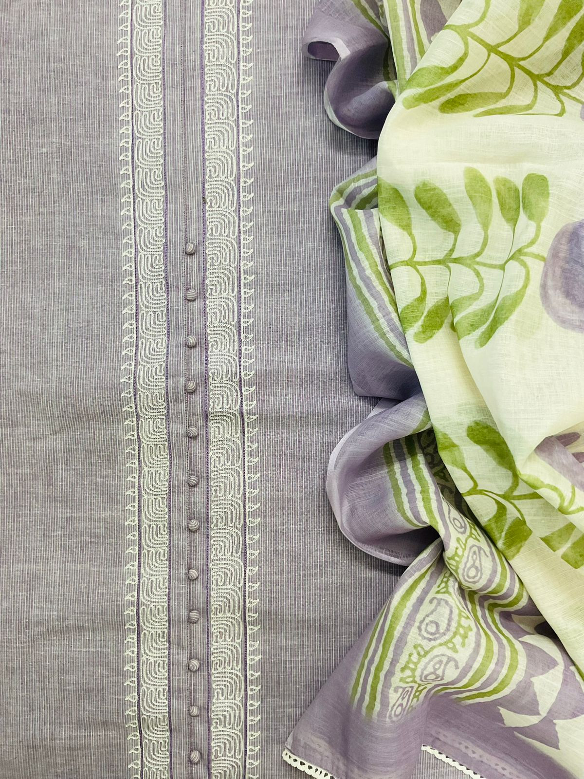 Pure Handloon Cotton Self Weaved Printed Embroidered Suit - Lavender