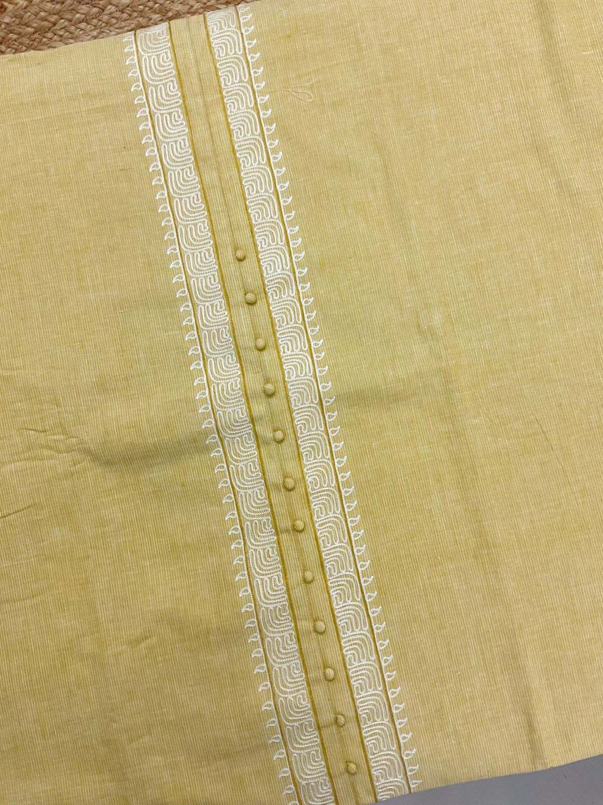 Pure Handloon Cotton Self Weaved Printed Embroidered Suit - Yellow