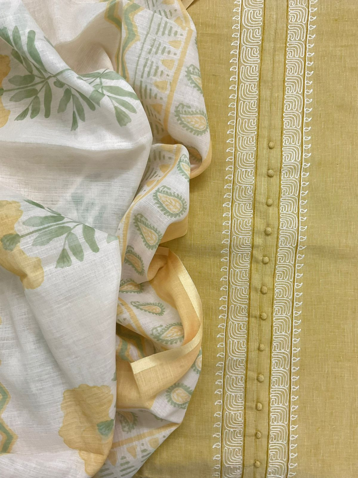 Pure Handloon Cotton Self Weaved Printed Embroidered Suit - Yellow