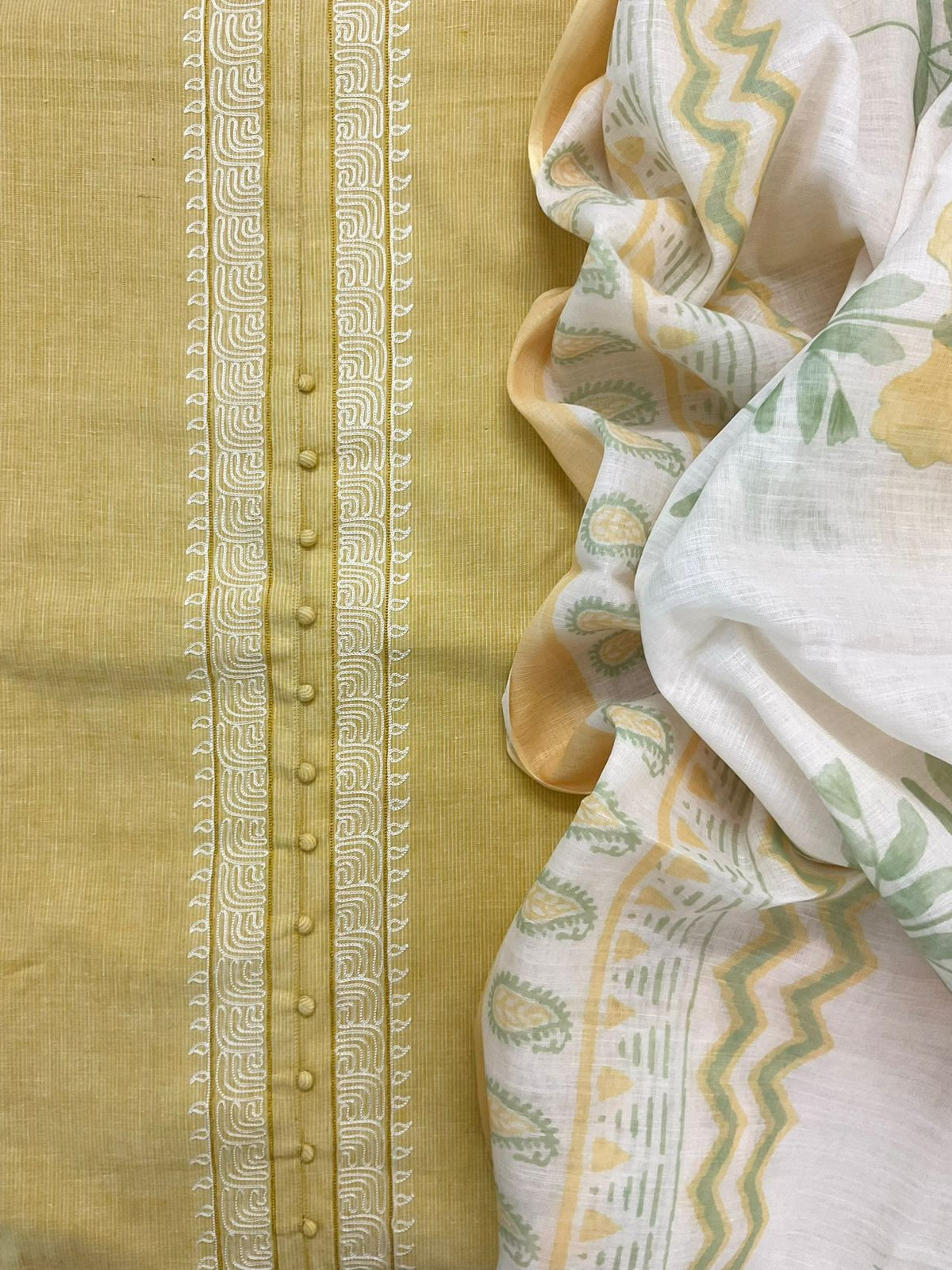 Pure Handloon Cotton Self Weaved Printed Embroidered Suit - Yellow