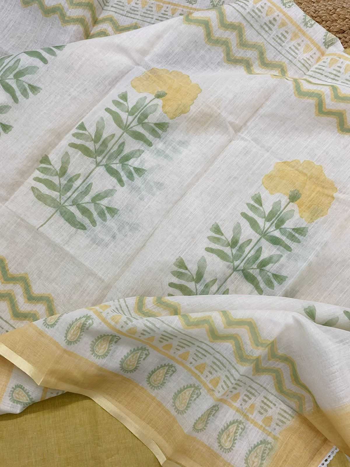 Pure Handloon Cotton Self Weaved Printed Embroidered Suit - Yellow