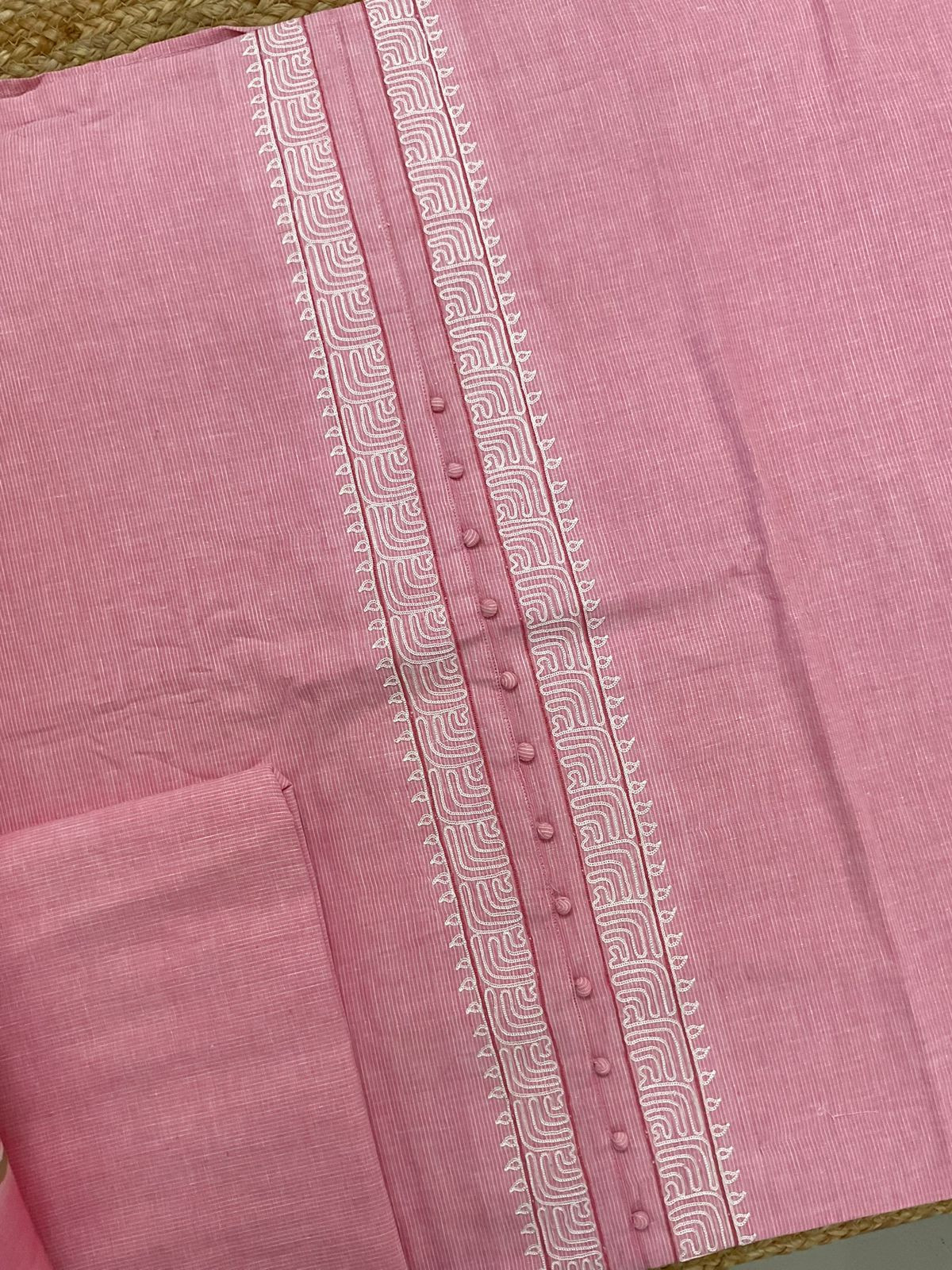 Pure Handloon Cotton Self Weaved Printed Embroidered Suit - Pink