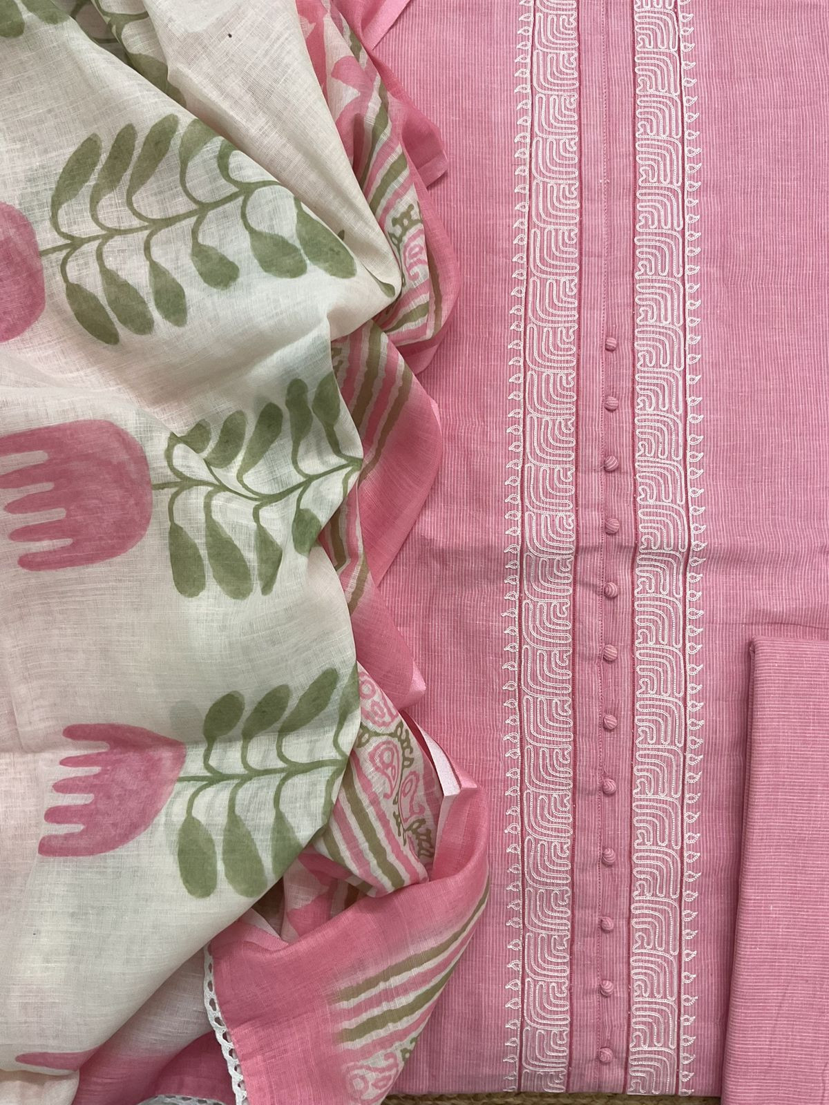 Pure Handloon Cotton Self Weaved Printed Embroidered Suit - Pink