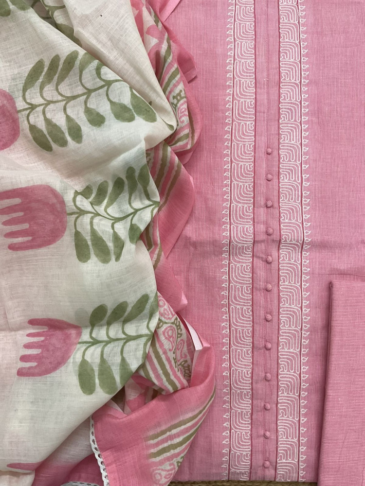 Image of Pure Handloon Cotton Self Weaved Printed Embroidered Suit - Pink