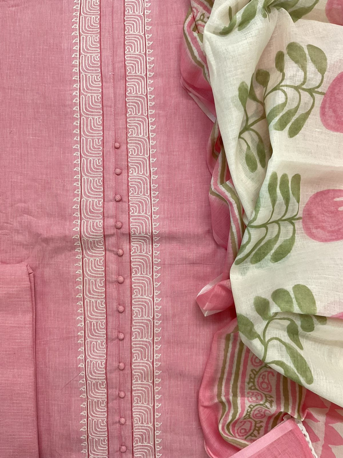 Pure Handloon Cotton Self Weaved Printed Embroidered Suit - Pink