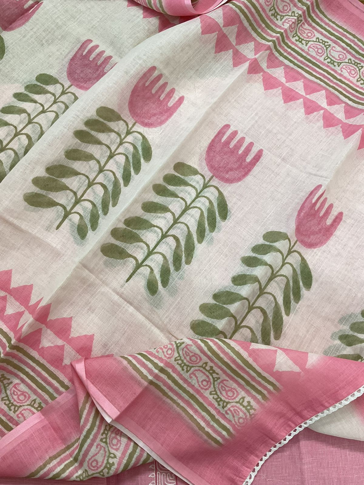 Pure Handloon Cotton Self Weaved Printed Embroidered Suit - Pink