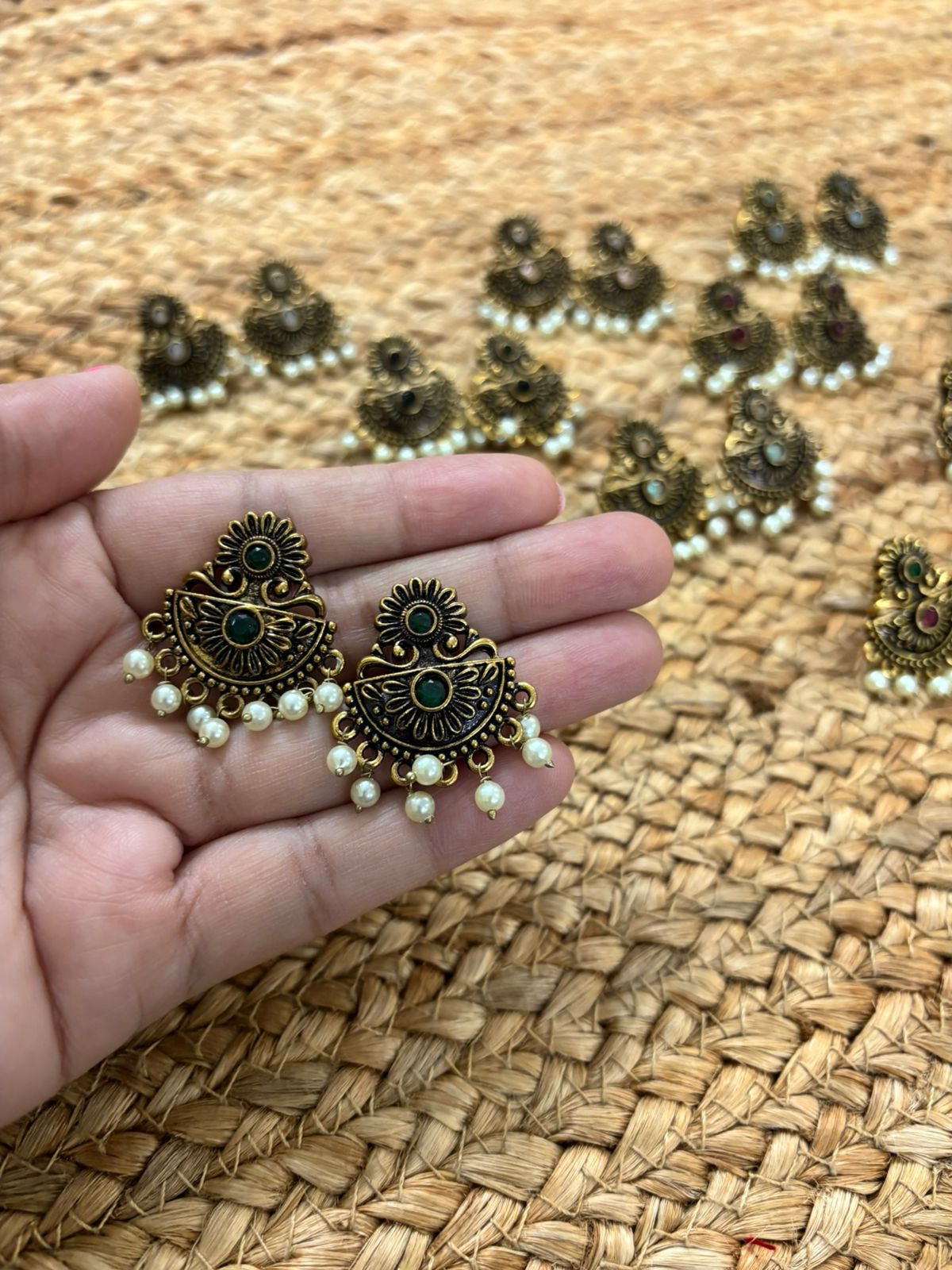 Metallic Oxidised Gold Earrings - Green