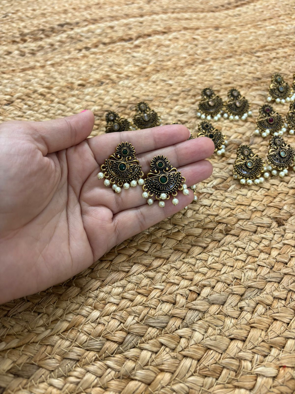 Metallic Oxidised Gold Earrings - Green