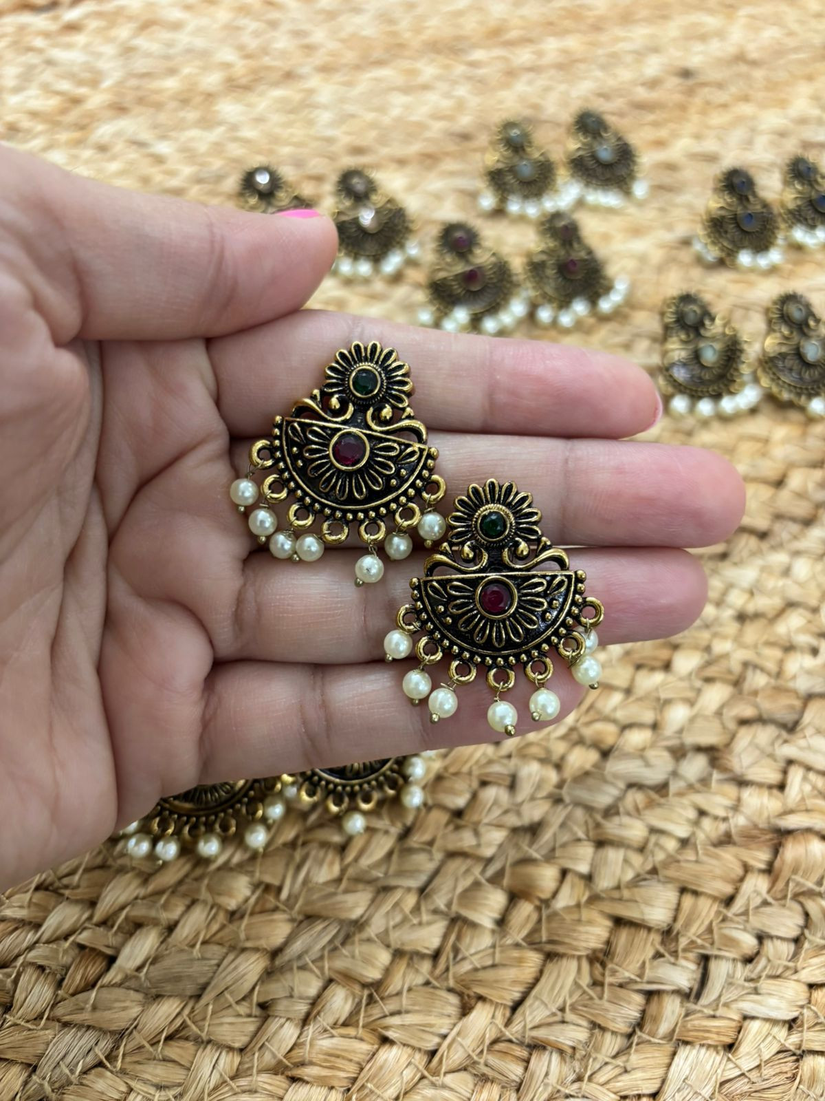 Metallic Oxidised Gold Earrings - Green-Red