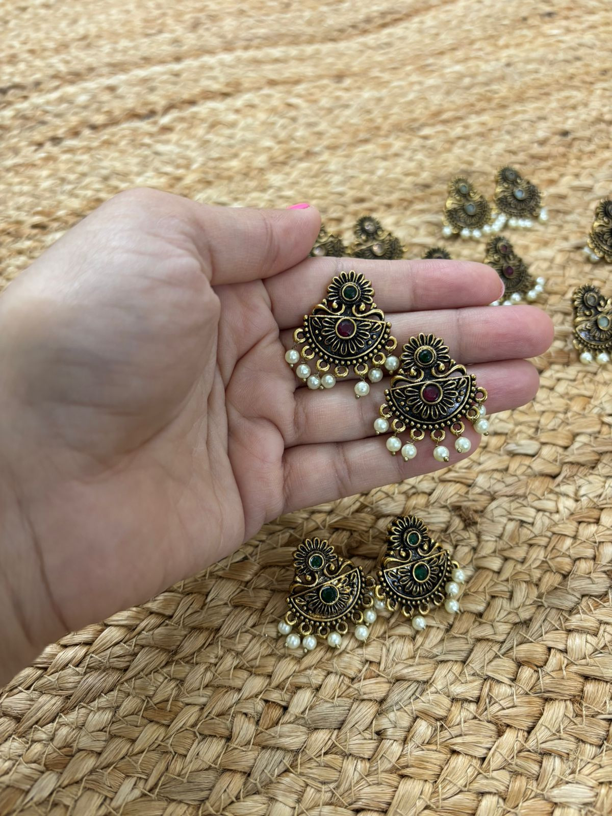 Metallic Oxidised Gold Earrings - Green-Red