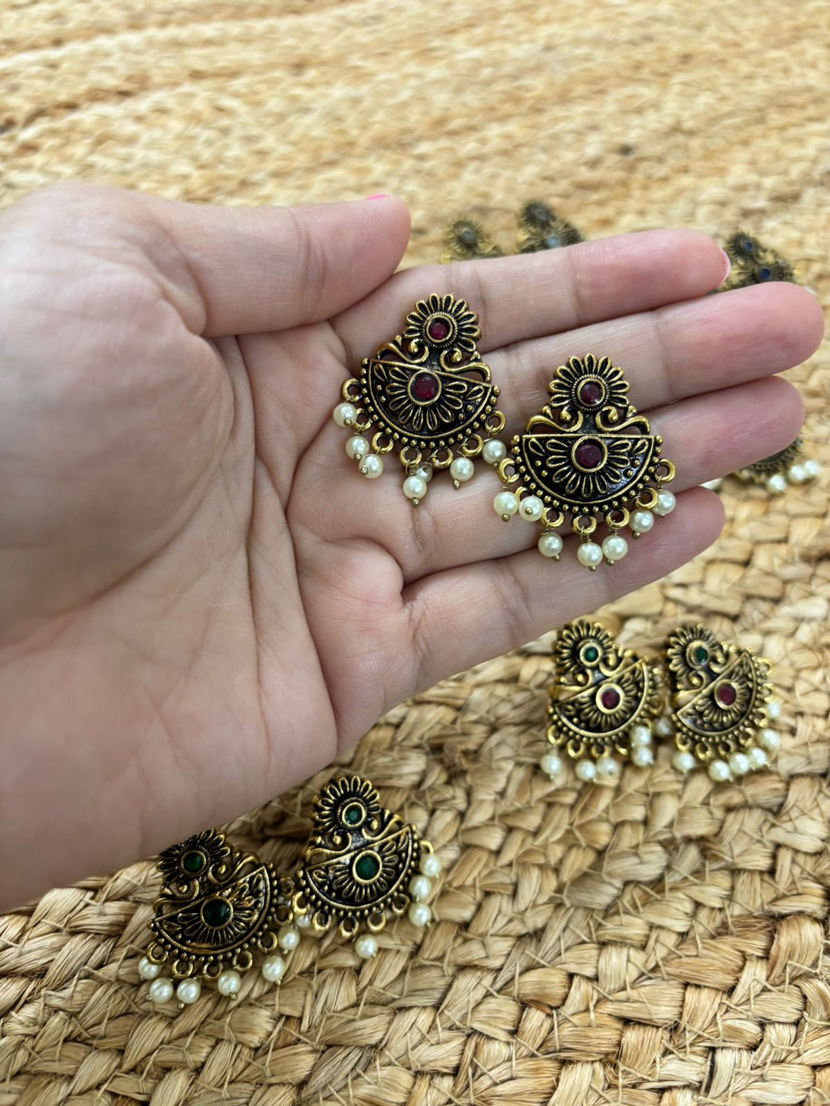 Metallic Oxidised Gold Earrings - Red