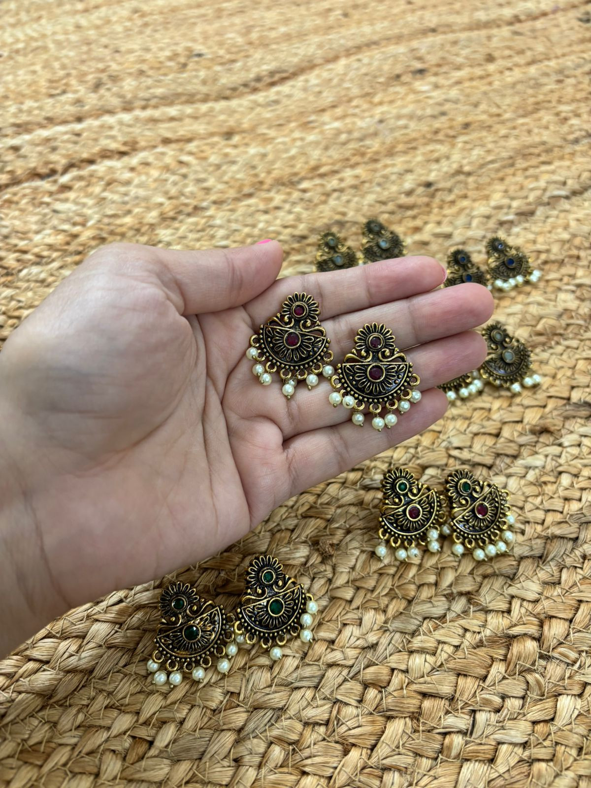 Metallic Oxidised Gold Earrings - Red