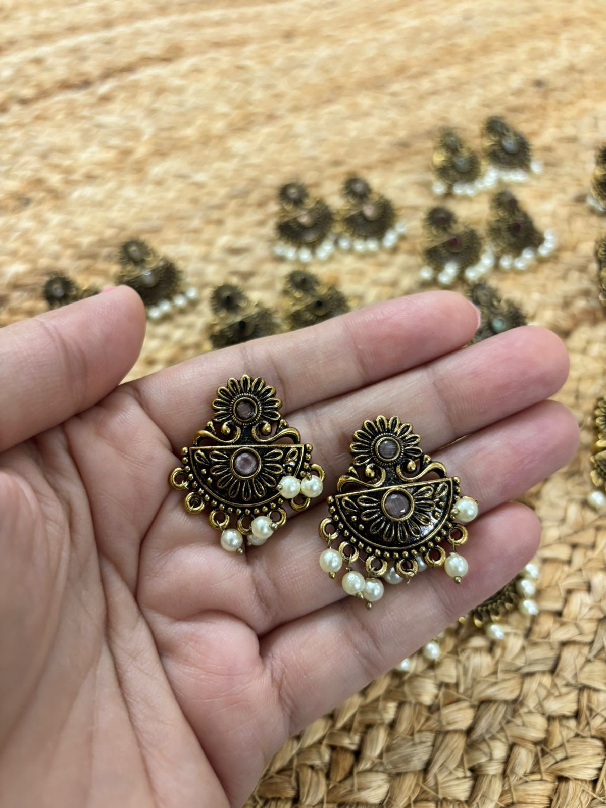 Metallic Oxidised Gold Earrings - Pink