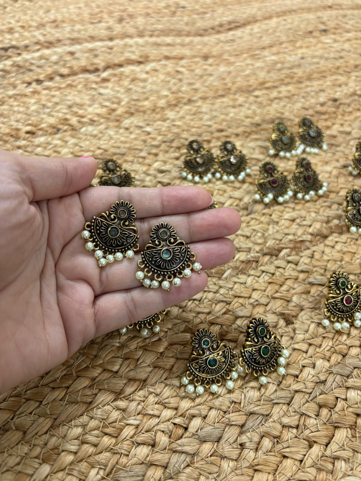 Metallic Oxidised Gold Earrings - Pink-Seagreen