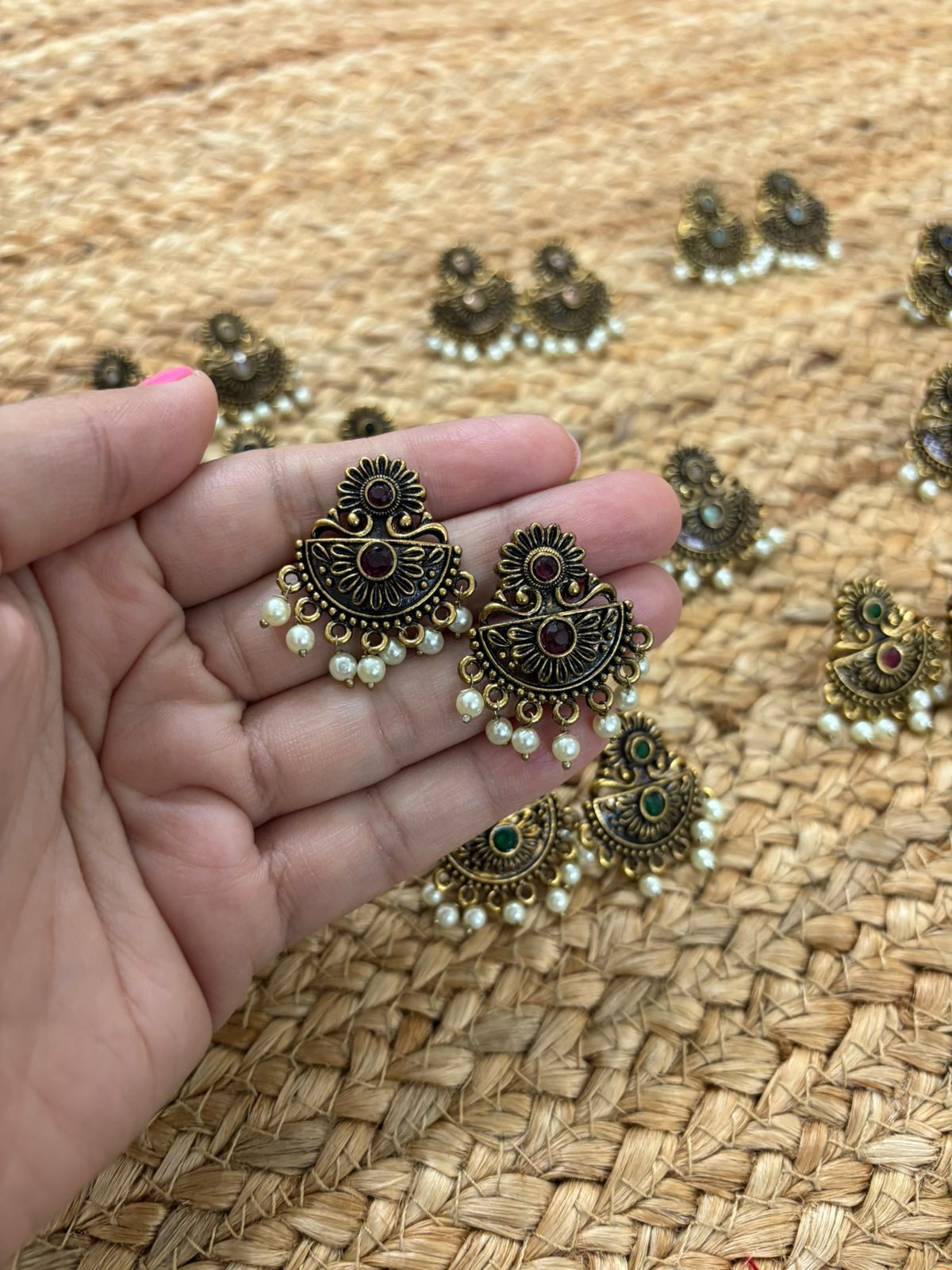 Metallic Oxidised Gold Earrings - Wine
