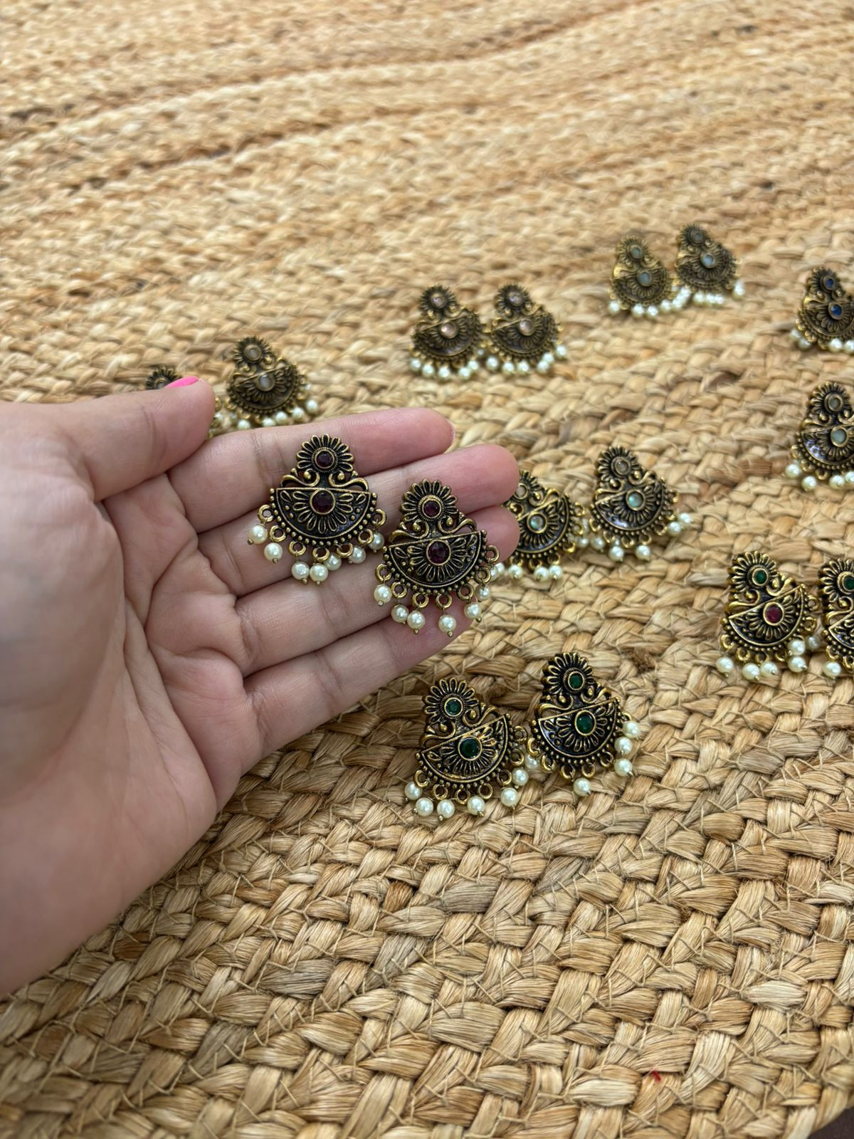 Metallic Oxidised Gold Earrings - Wine