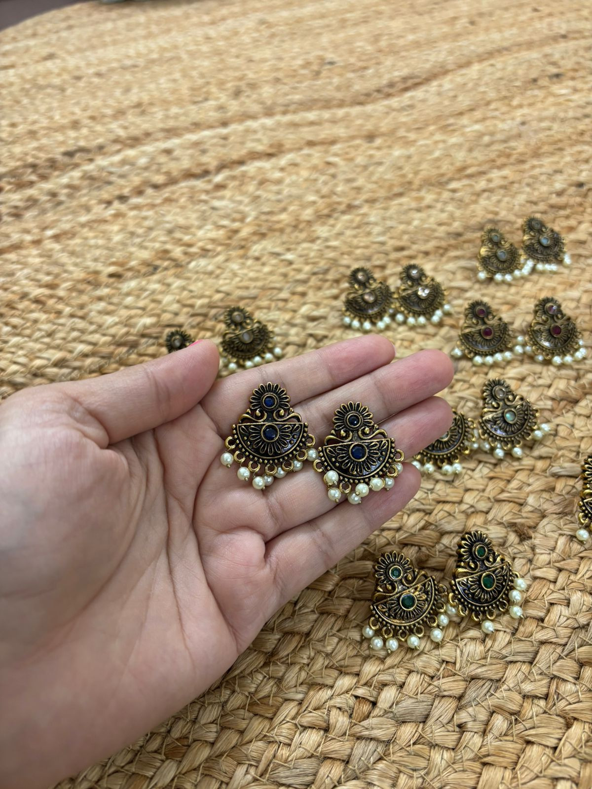 Metallic Oxidised Gold Earrings - Blue