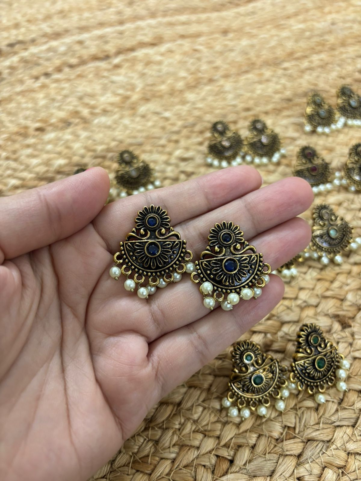 Metallic Oxidised Gold Earrings - Blue