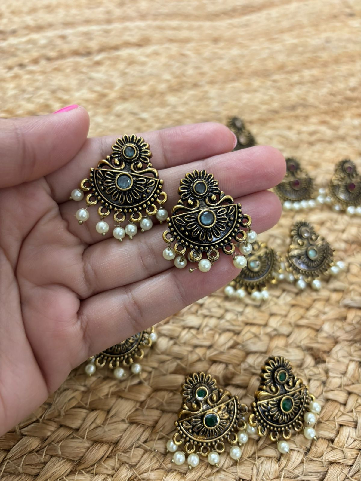 Metallic Oxidised Gold Earrings - Sea Blue