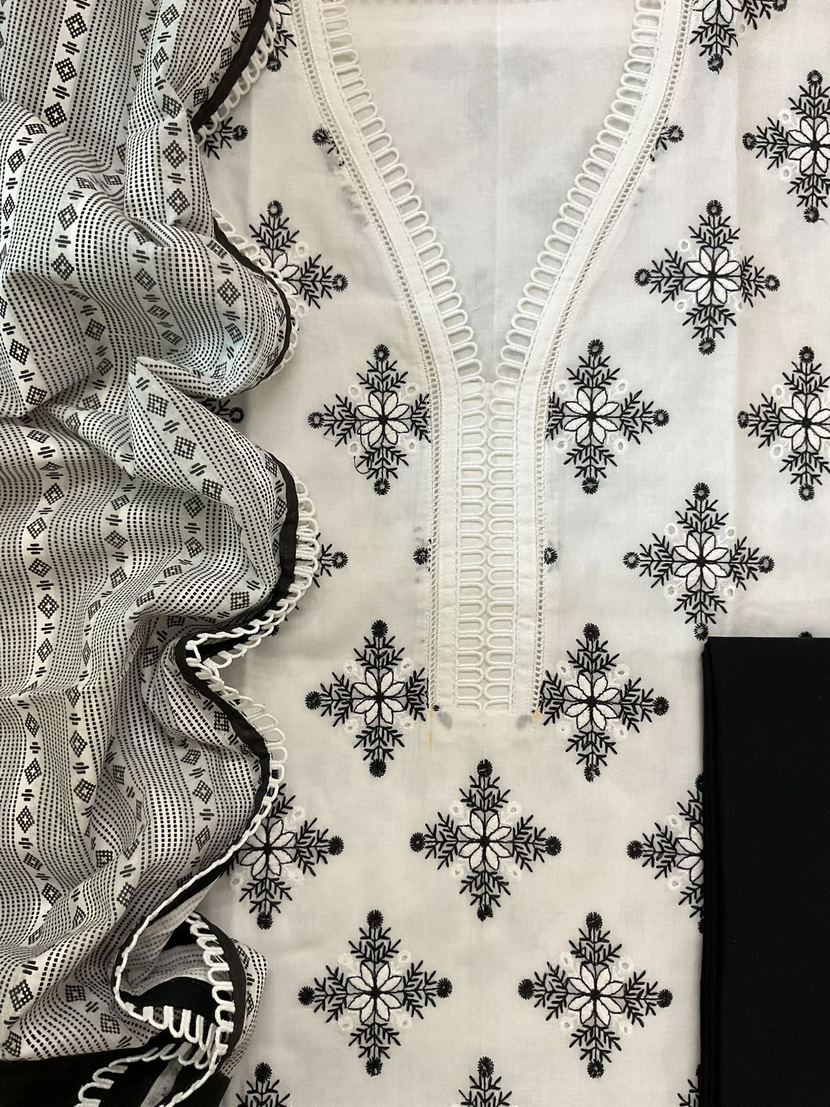 Pure Cotton Printed Embroidered Suit - White