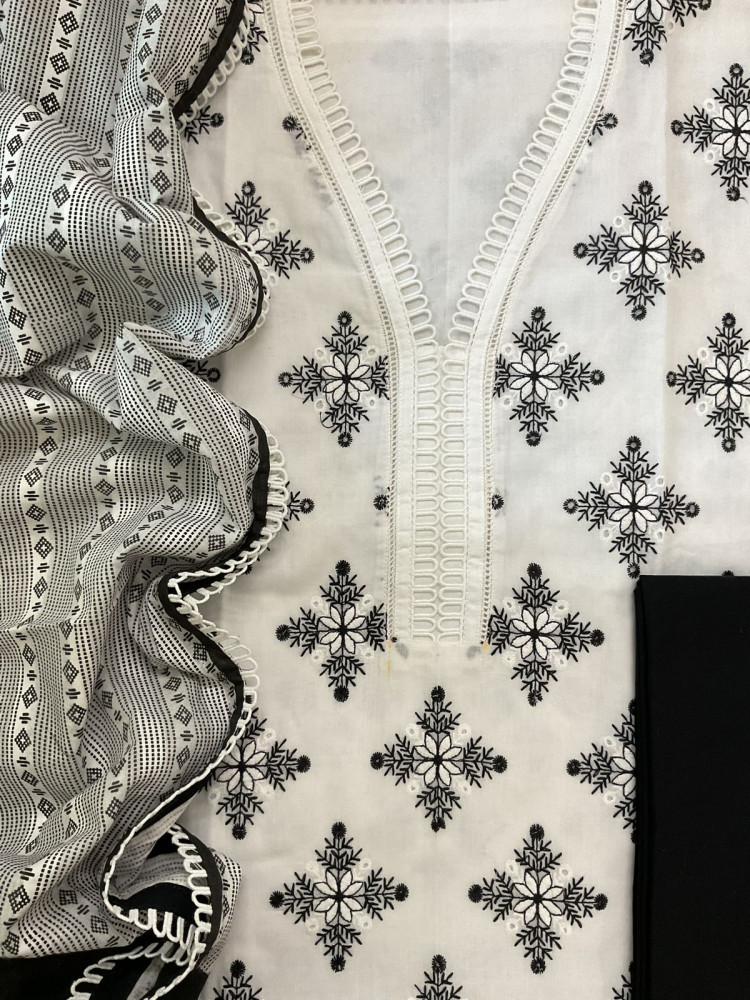 Image of Pure Cotton Printed Embroidered Suit - White