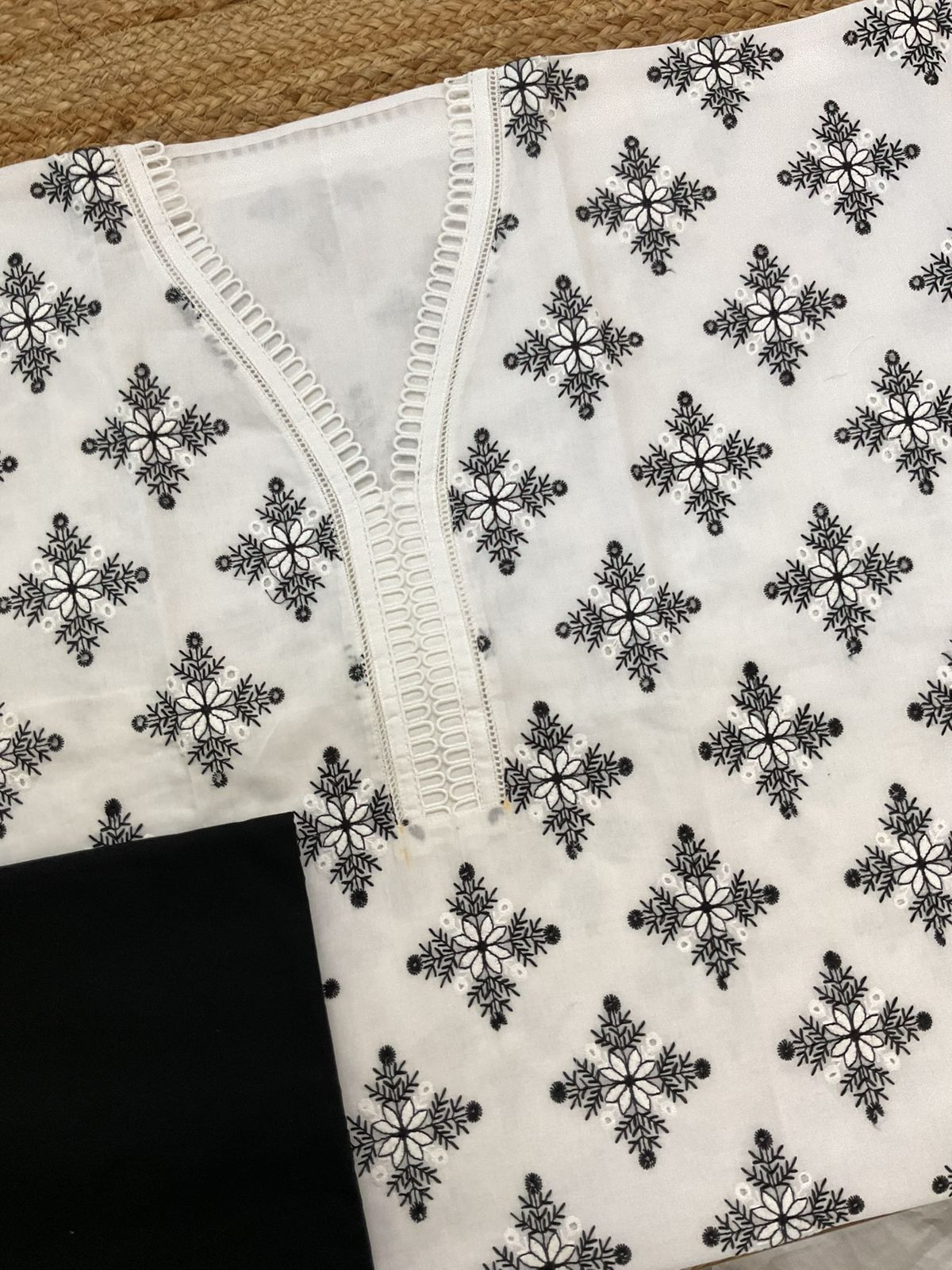 Pure Cotton Printed Embroidered Suit - White