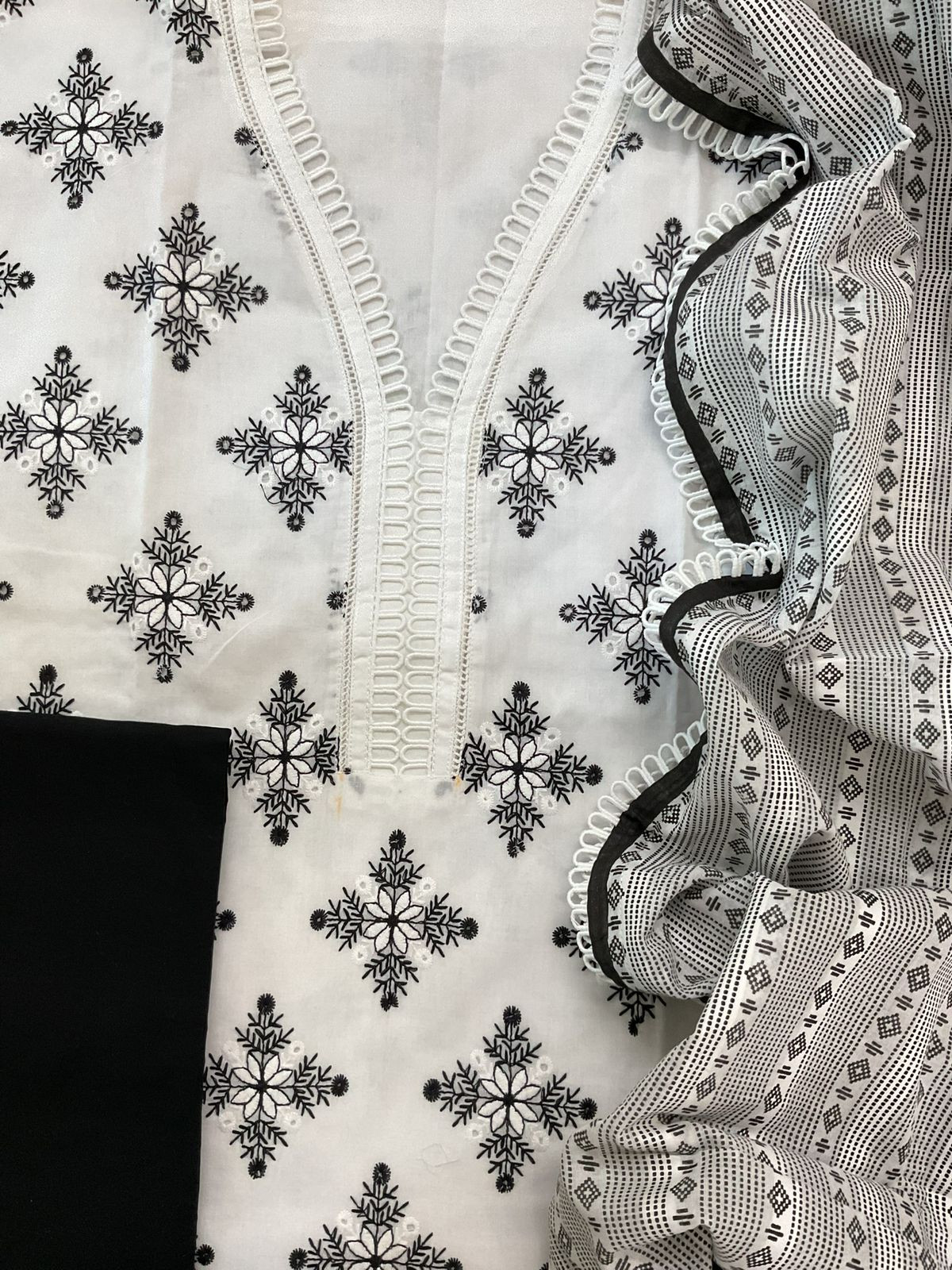 Pure Cotton Printed Embroidered Suit - White