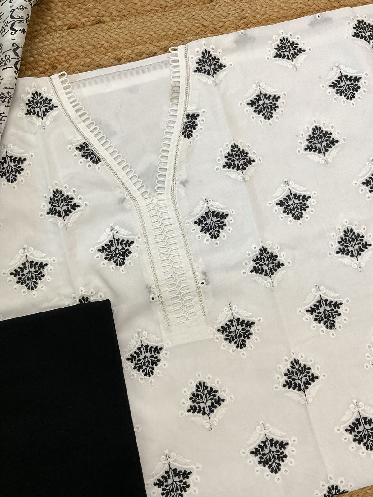Pure Cotton Printed Embroidered Suit - White