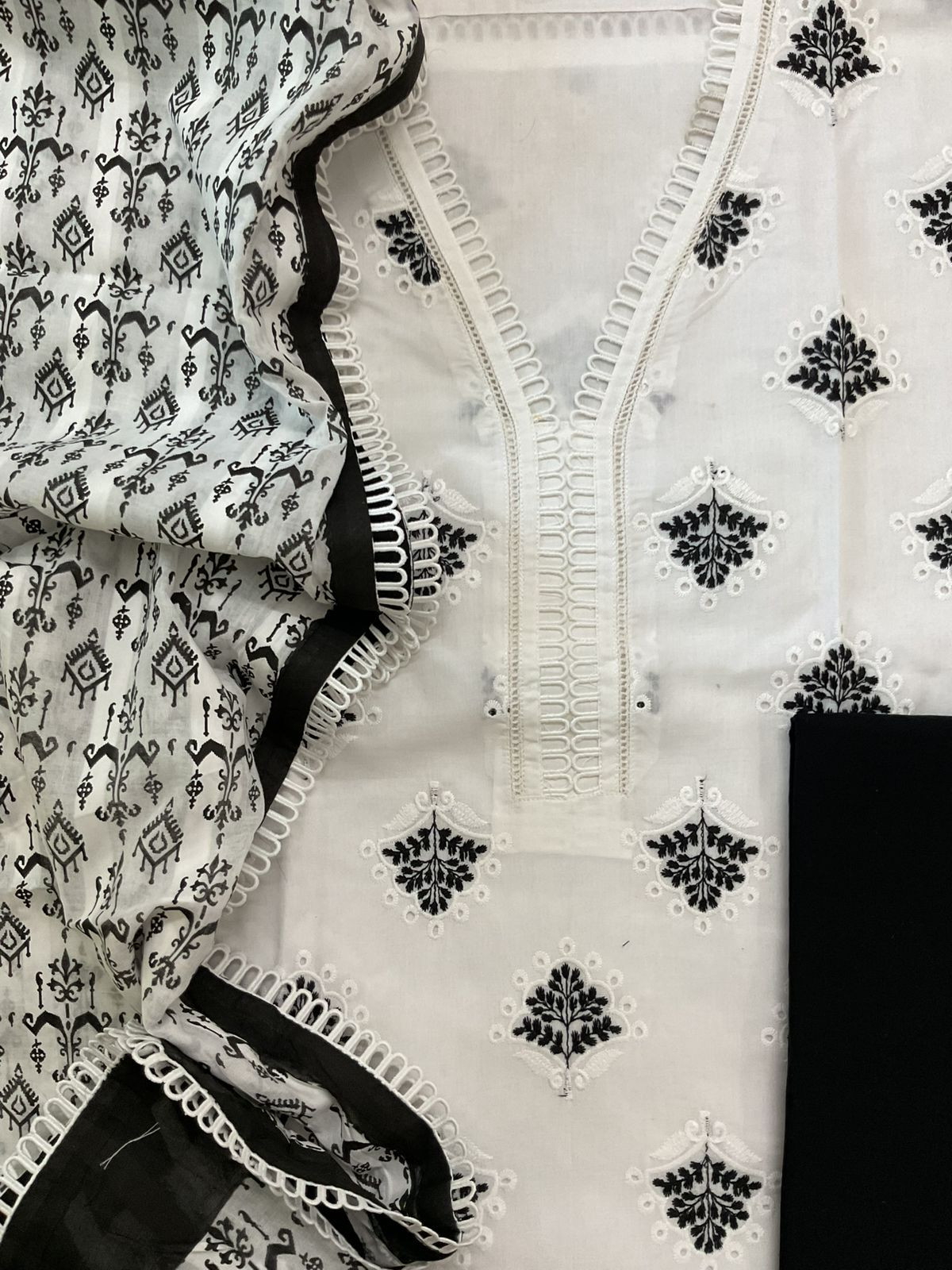 Pure Cotton Printed Embroidered Suit - White