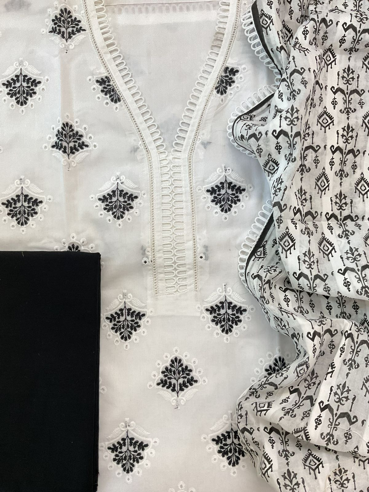 Pure Cotton Printed Embroidered Suit - White