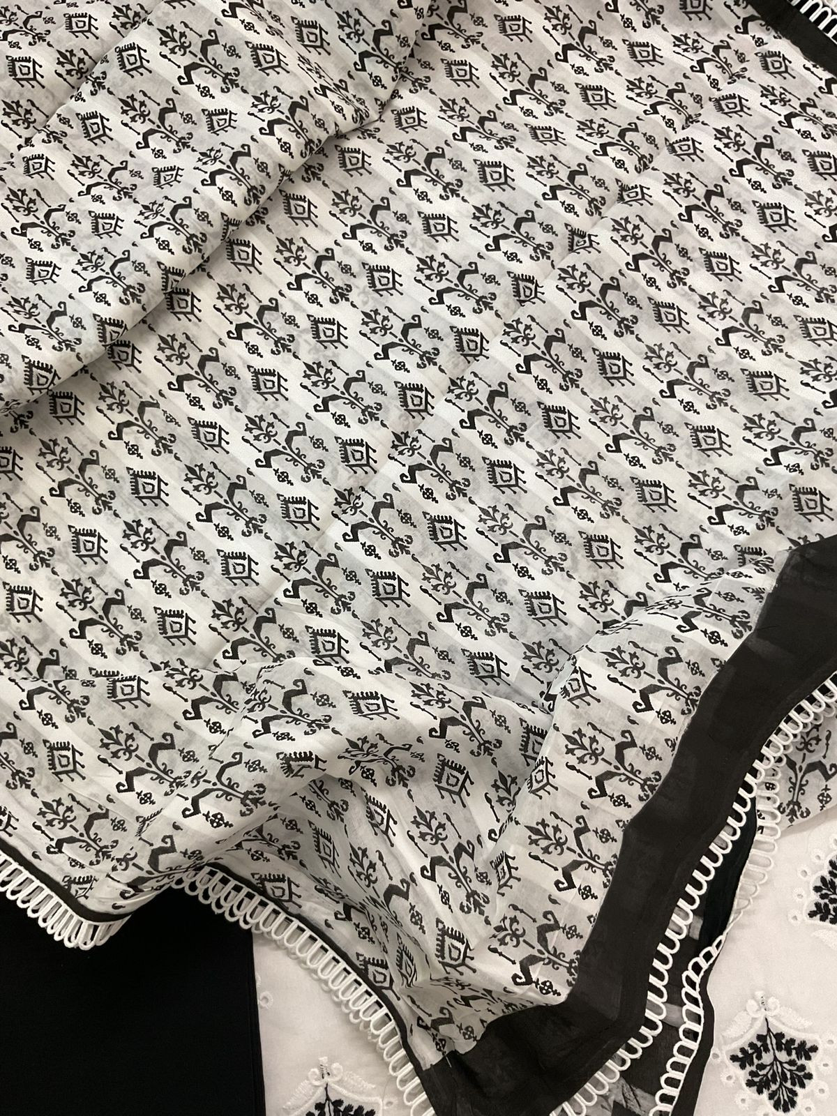 Pure Cotton Printed Embroidered Suit - White